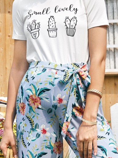 Maternity Potted Plants Print Top & Tropical Belted Palazzo Pants Set