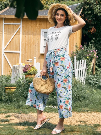 Maternity Potted Plants Print Top & Tropical Belted Palazzo Pants Set