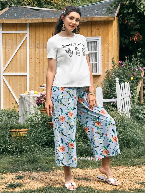 Maternity Potted Plants Print Top & Tropical Belted Palazzo Pants Set