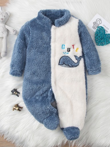 Baby Whale & Letter Embroidery Color Block Flannel Sleep Jumpsuit