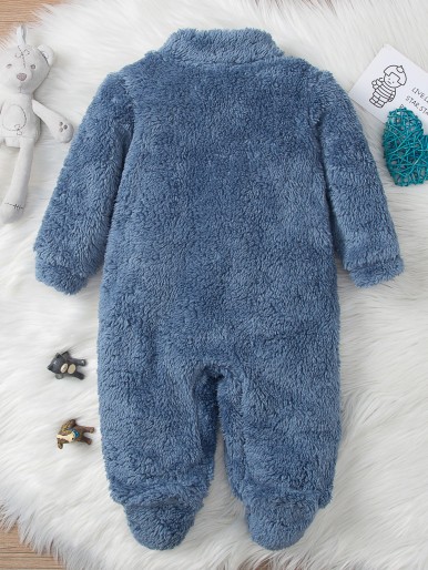 Baby Whale & Letter Embroidery Color Block Flannel Sleep Jumpsuit