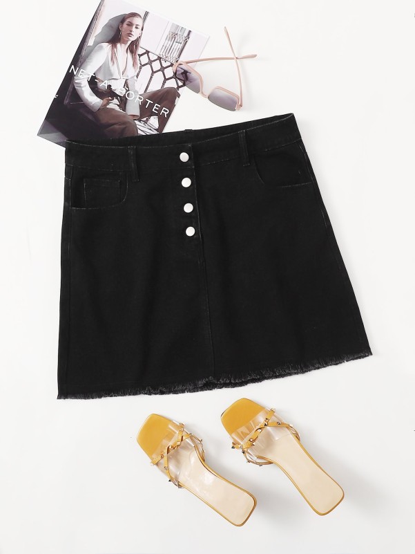 Plus Button Fly Raw Hem Denim Skirt