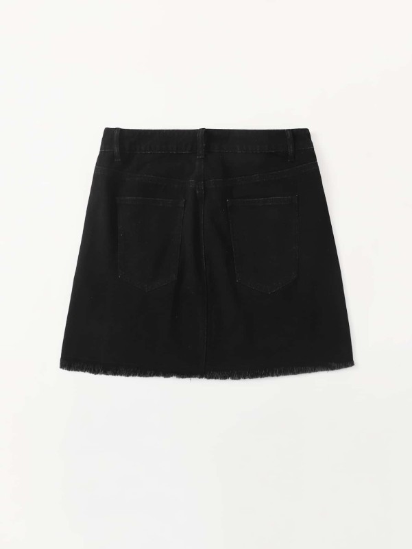 Plus Button Fly Raw Hem Denim Skirt