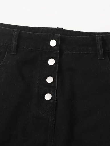 Plus Button Fly Raw Hem Denim Skirt