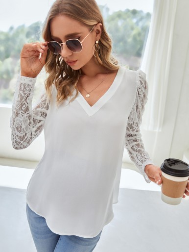 Maternity Lace Panel V Neck Blouse