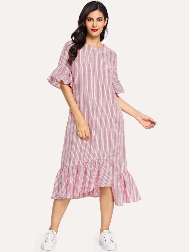 Asymmetric Ruffle Hem Striped Dress