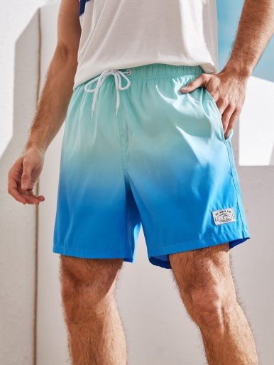 Men Ombre Drawstring Waist Patched Swim Trunks