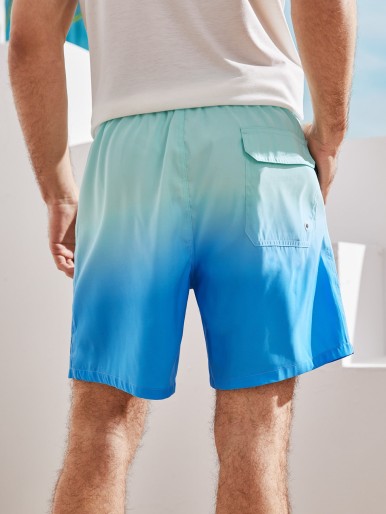 Men Ombre Drawstring Waist Patched Swim Trunks