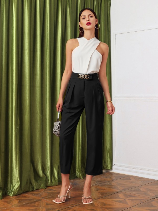 Chain Detail Fold Pleated Front Pants