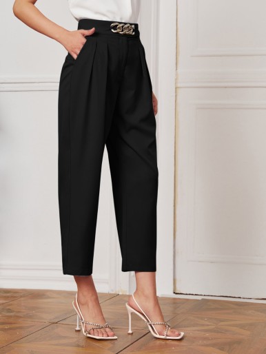 Chain Detail Fold Pleated Front Pants