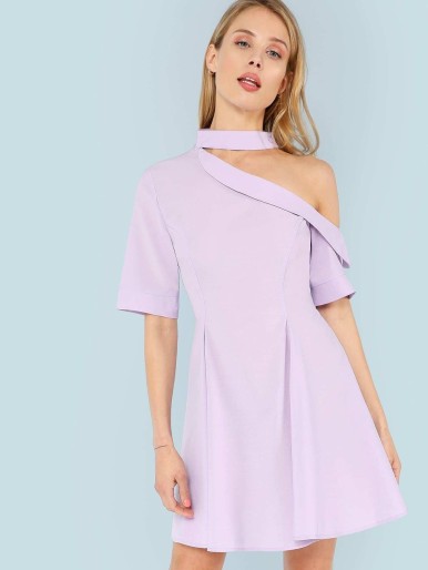Asymmetrical Shoulder Fold Over Flare Dress