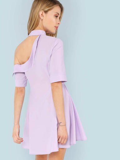 Asymmetrical Shoulder Fold Over Flare Dress