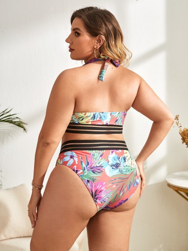 Plus Tropical Print Contrast Tape Bikini Swimsuit