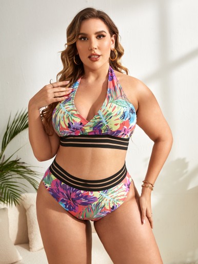 Plus Tropical Print Contrast Tape Bikini Swimsuit