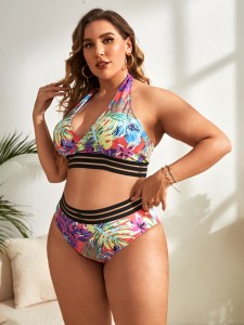 Plus Tropical Print Contrast Tape Bikini Swimsuit