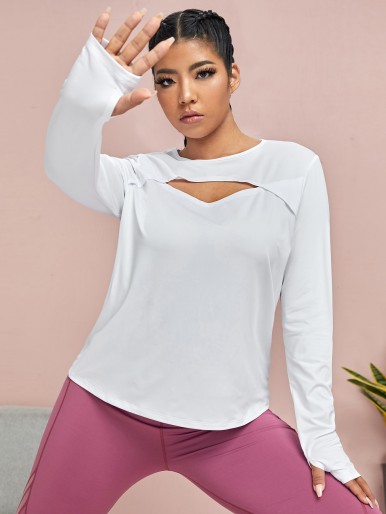 Plus Solid Cut Out Front Sports Tee With Thumbhole