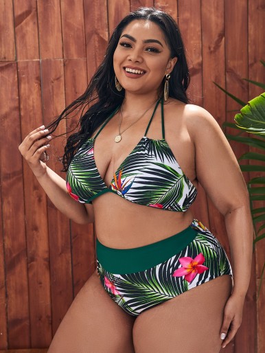 Plus Tropical & Floral Halter Bikini Swimsuit