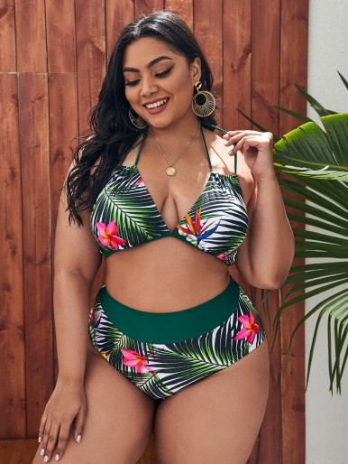 Plus Tropical & Floral Halter Bikini Swimsuit