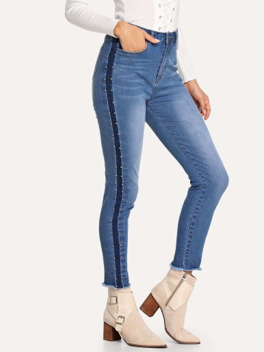 Beading Side Frayed Hem Jeans