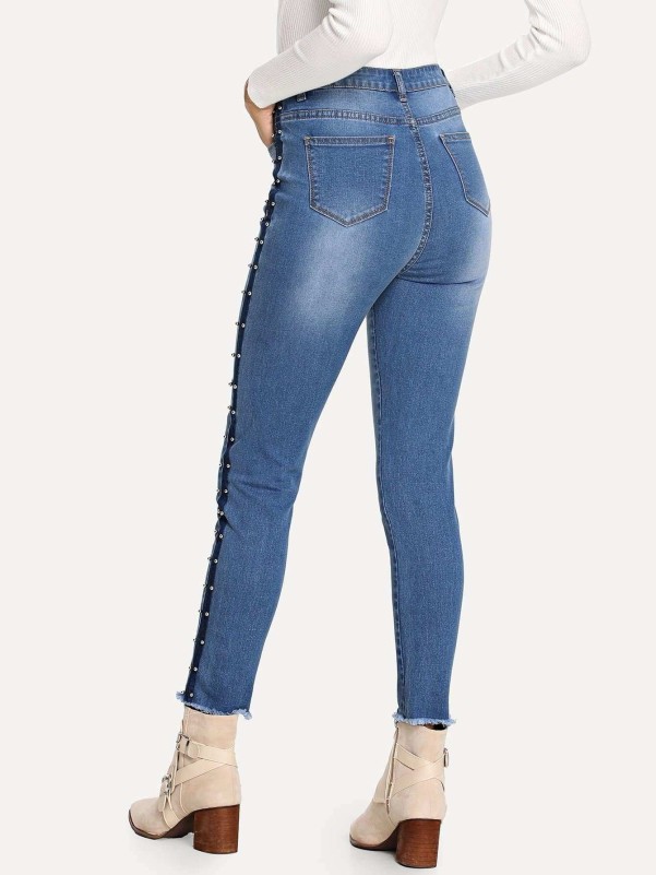 Beading Side Frayed Hem Jeans