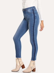 Beading Side Frayed Hem Jeans