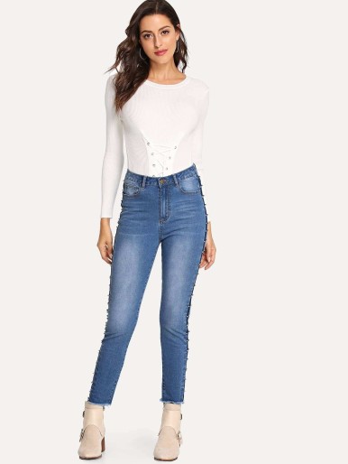 Beading Side Frayed Hem Jeans