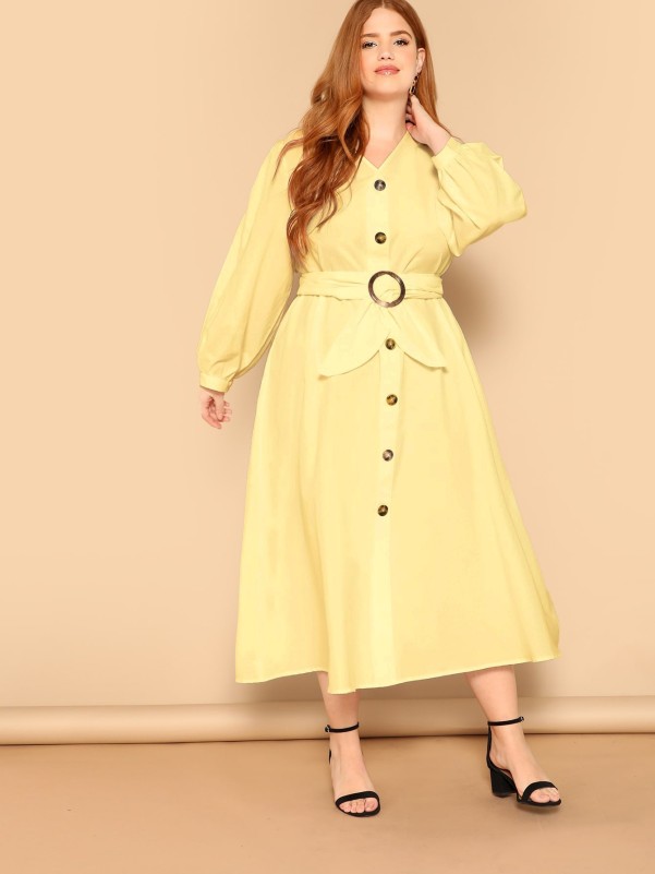 Plus Lantern Sleeve Button Detail Buckle Belted Dress