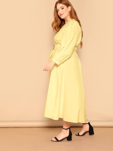 Plus Lantern Sleeve Button Detail Buckle Belted Dress