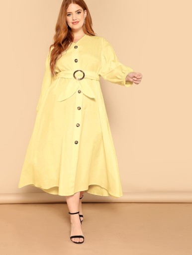 Plus Lantern Sleeve Button Detail Buckle Belted Dress