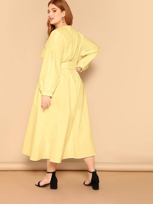 Plus Lantern Sleeve Button Detail Buckle Belted Dress