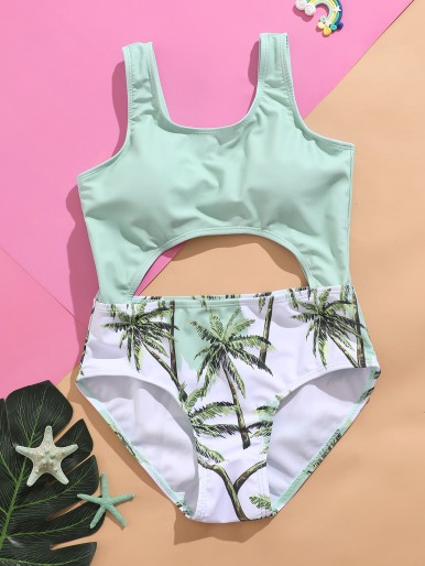 Girls Palm Tree Print Cut-out One Piece Swimsuit