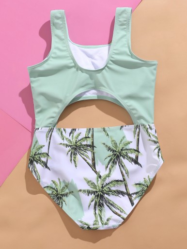 Girls Palm Tree Print Cut-out One Piece Swimsuit