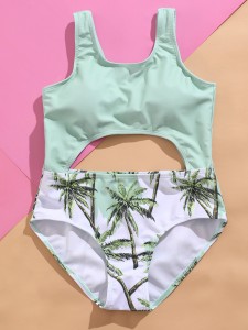 Girls Palm Tree Print Cut-out One Piece Swimsuit