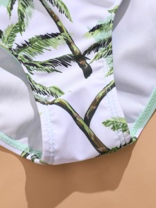 Girls Palm Tree Print Cut-out One Piece Swimsuit