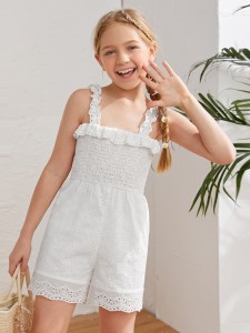 Girls Frill Trim Shirred Schiffy Cami Romper