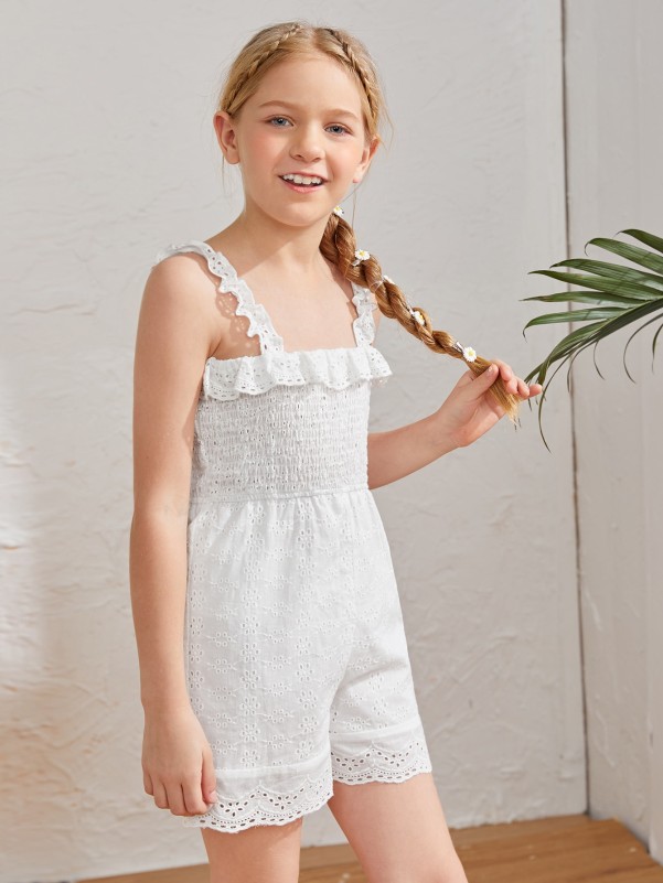 Girls Frill Trim Shirred Schiffy Cami Romper