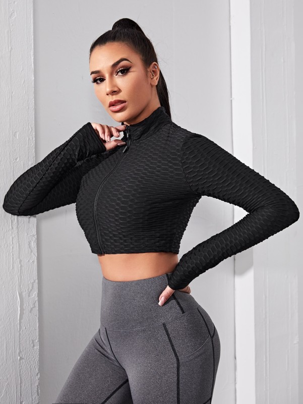 Solid Zip Up Crop Sports Jacket