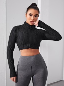 Solid Zip Up Crop Sports Jacket