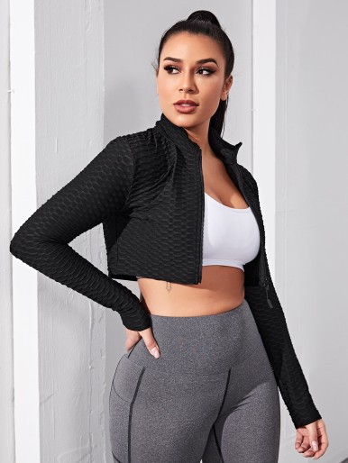 Solid Zip Up Crop Sports Jacket