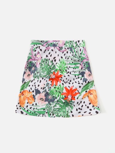 Girls Tropical Print Wrap Knot Skirt