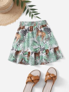 Girls Animals and Tropical Print Flounce Hem Skirt