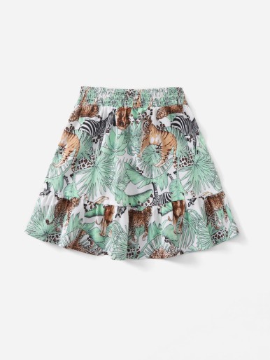 Girls Animals and Tropical Print Flounce Hem Skirt