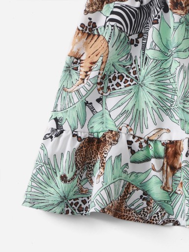 Girls Animals and Tropical Print Flounce Hem Skirt