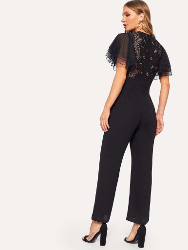 Layered Flutter Sleeve Lace Bodice Tailored Jumpsuit