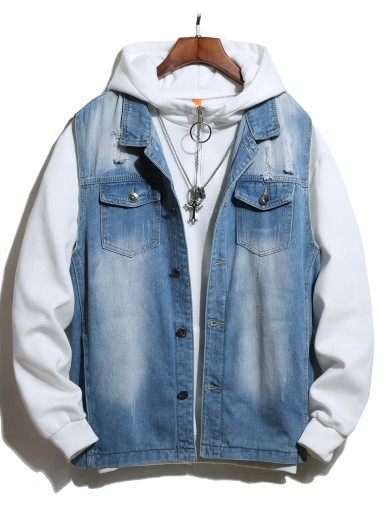 Guys Washed Denim Vest Jacket Without Hoodie