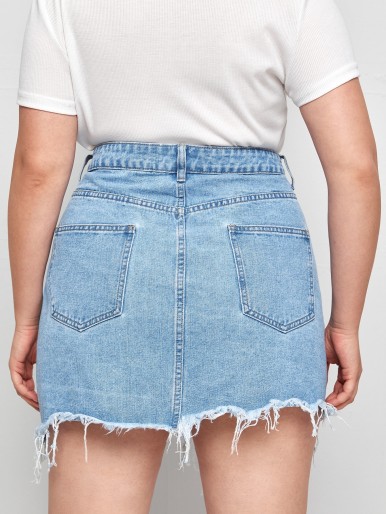 Plus High Waist Ripped Raw Hem Denim Skirt