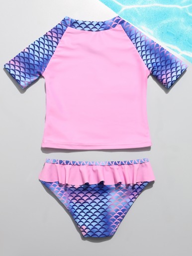 Toddler Girls Cartoon Mermaid Ruffle Bikini Swimsuit