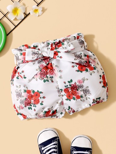 Baby Girl Floral Paperbag Waist Belted Shorts