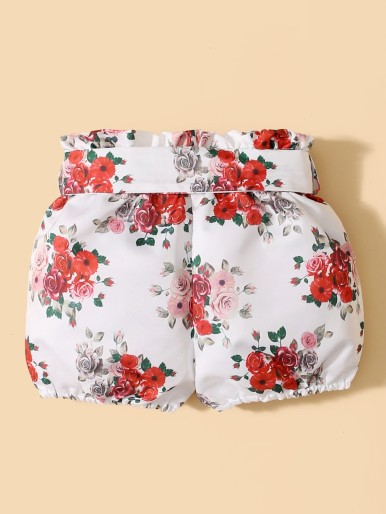 Baby Girl Floral Paperbag Waist Belted Shorts