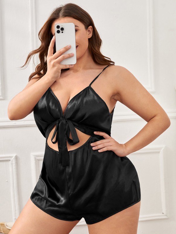 Plus Tie Front Cut Out Backless Satin Cami Sleep Romper